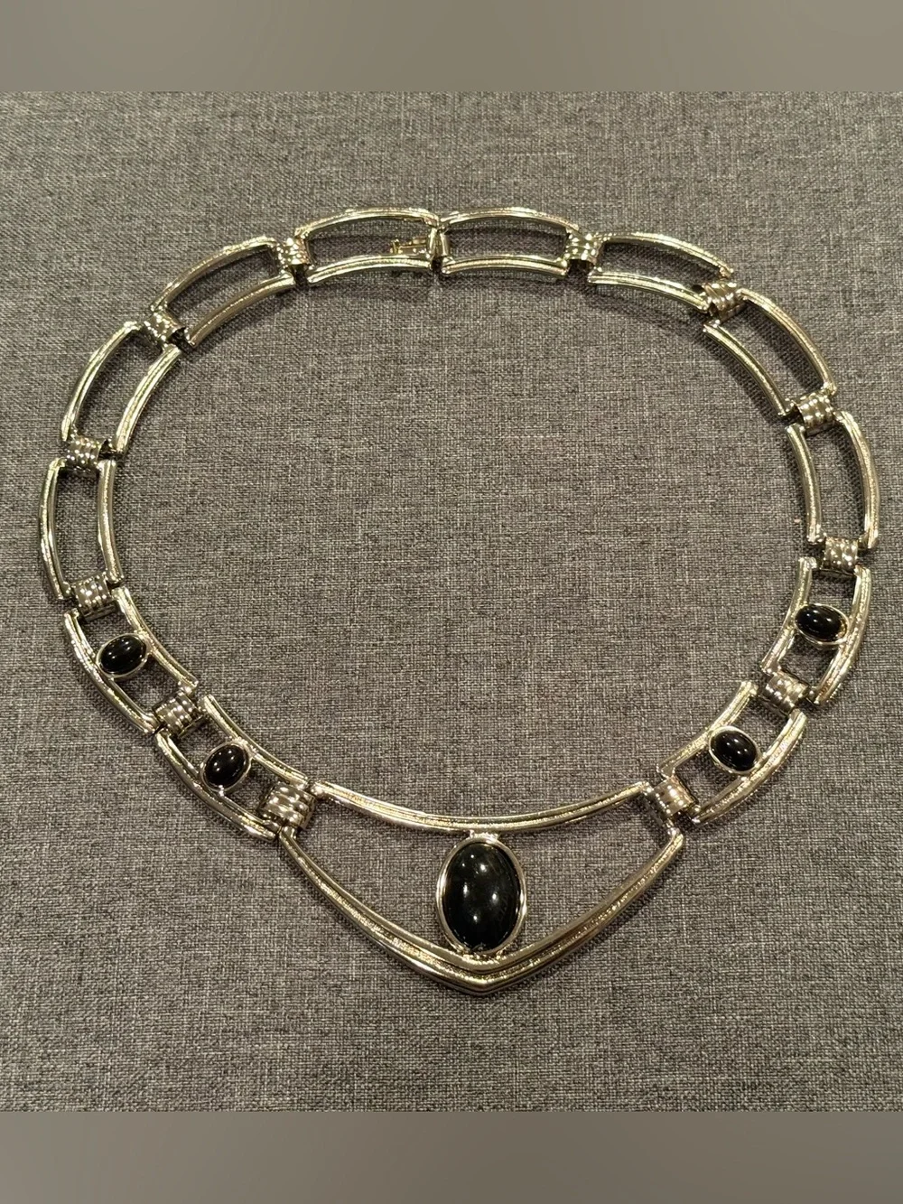 Vintage Silver Tone Black Cabochon Statement Collar Necklace Art Deco Style